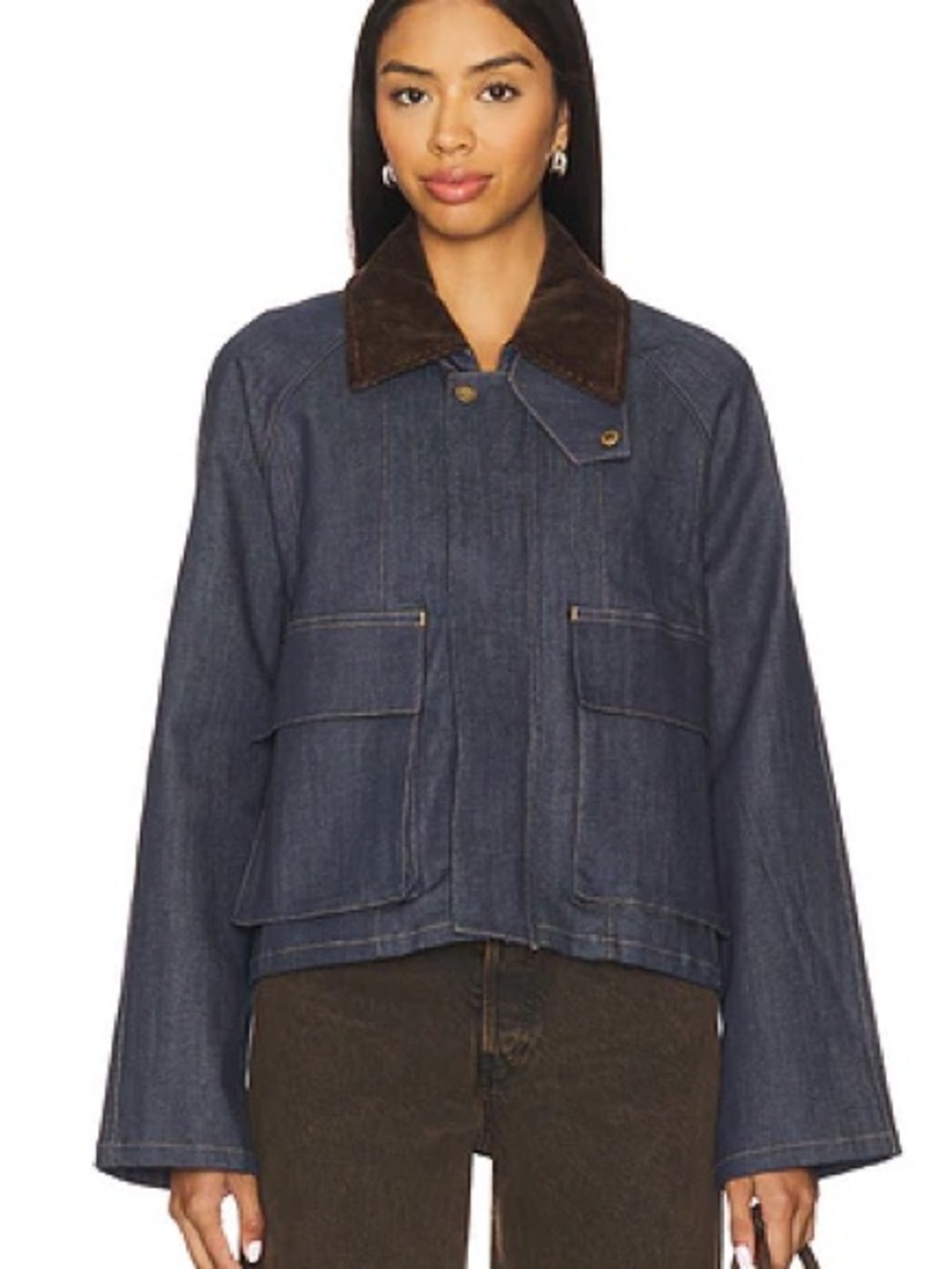 Steve Madden Bloomingdale’s Justina Dark Blue Denim Jacket Brown Collar - Picture 1 of 6